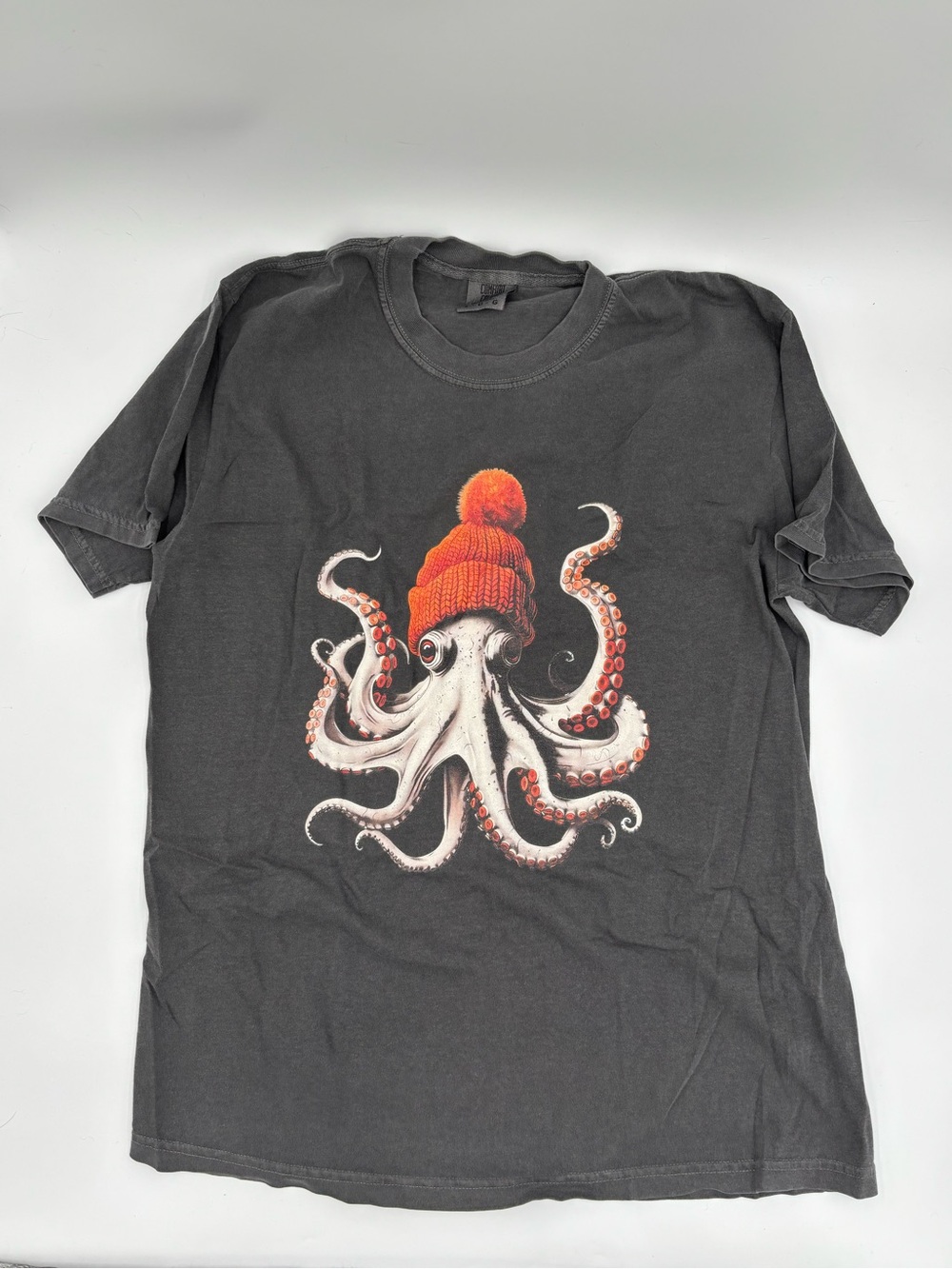 Comfort Colors weathered black Tee with Octopus Graphic and Orange Beanie